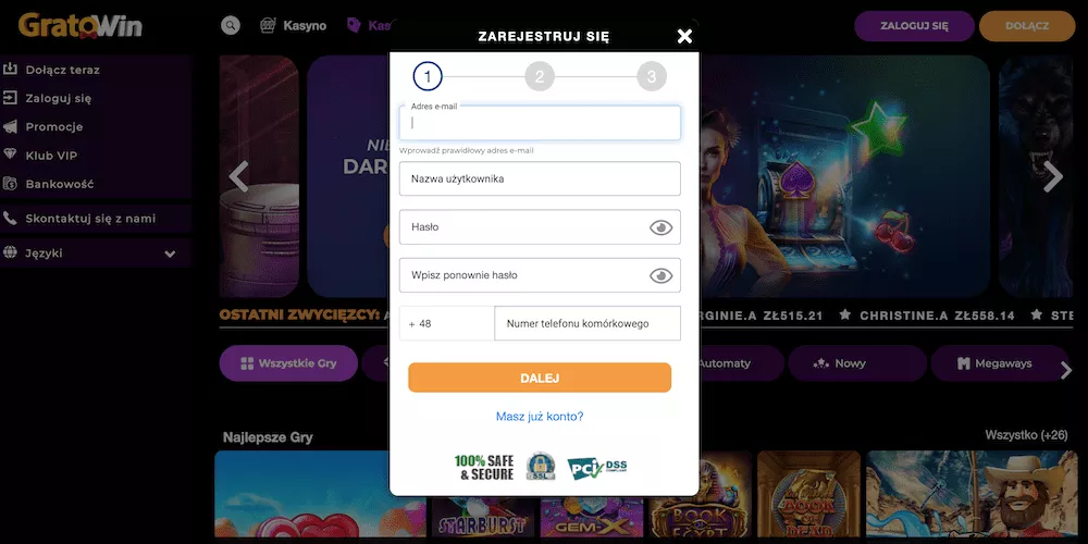 GratoWin Kasyno - Rejestracja1