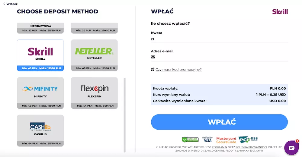 Kasyna Skrill - Wpłata