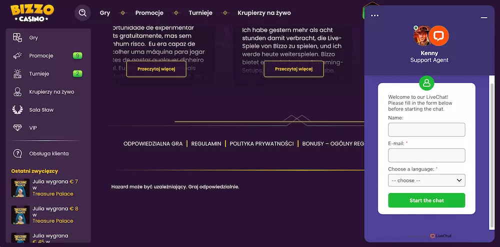 Bizzo Kasyno - Obsługa klienta